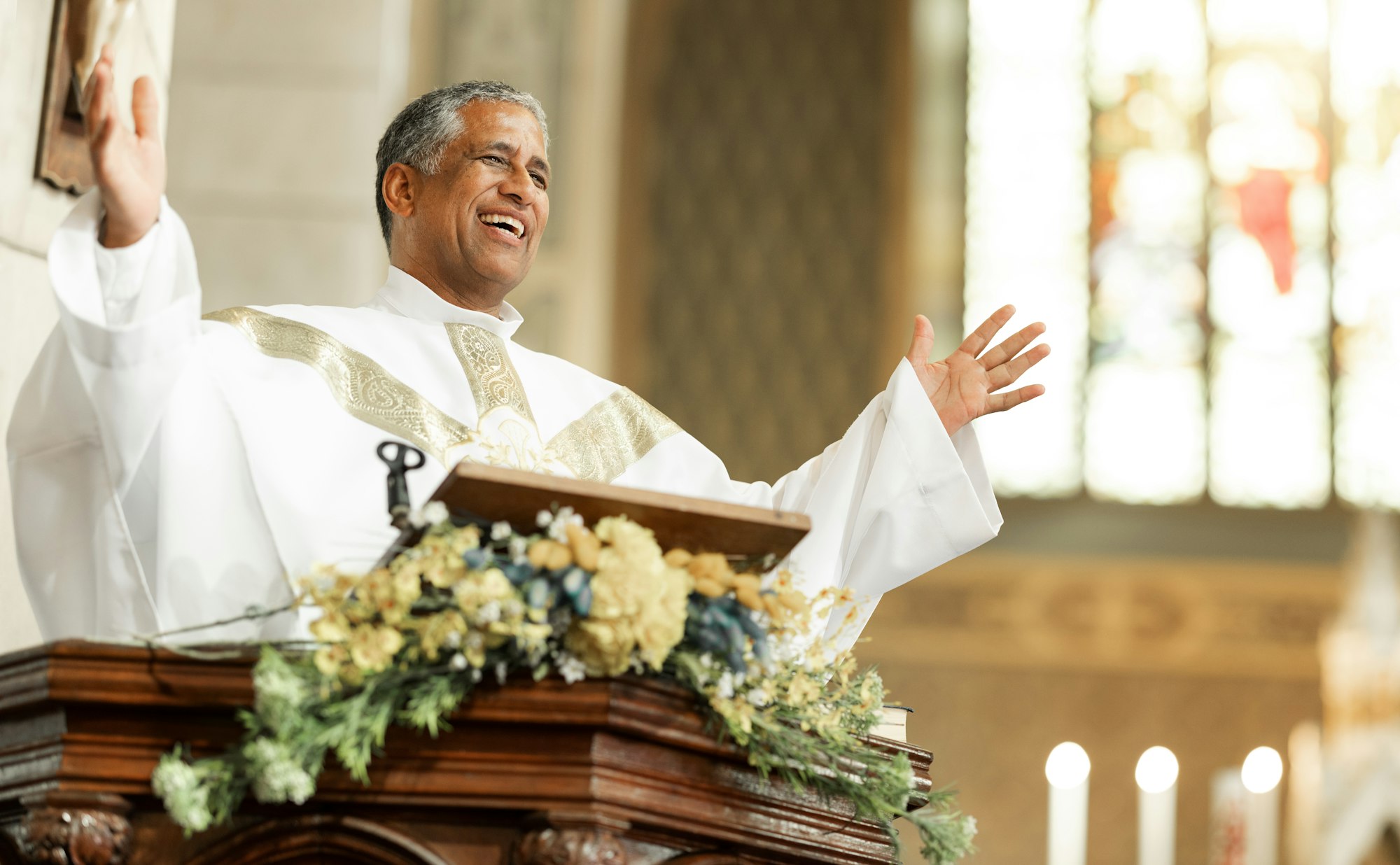 Pastor, preach and in church smile, bible and talking with pride, confidence and happy with altar.